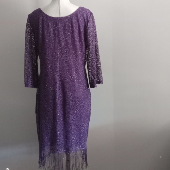 Tiana B NWT Purple fringe mesh lace overlay cocktail party shift midi dress sz12 - Picture 2 of 4